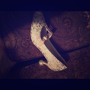 T strap cream heels with metallic arrows